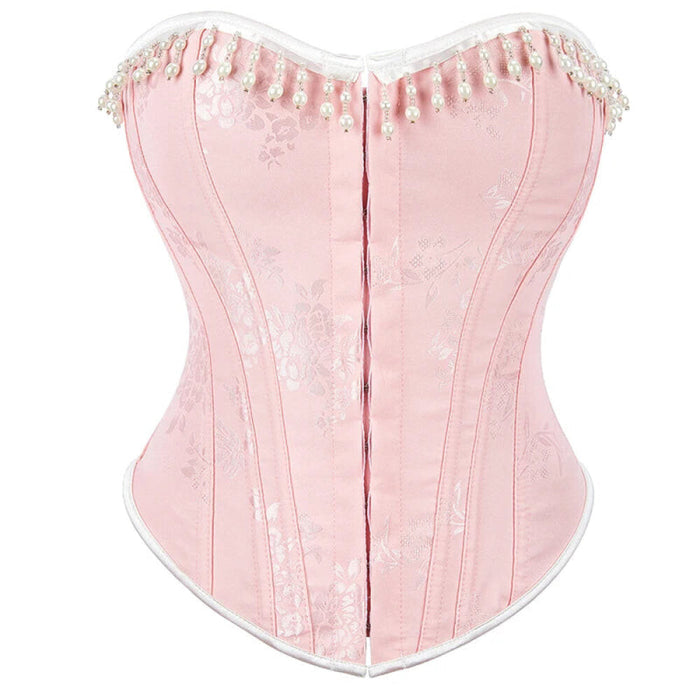 Floral Jacquard Lace Up Boned Victorian Corset With Beading And Tassel Detail Adjustable Hook And Eye Closure