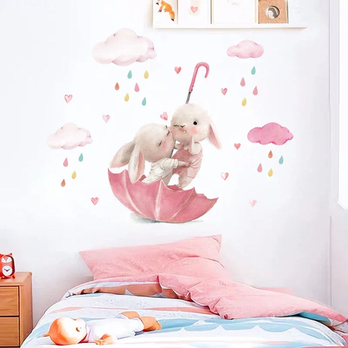 Watercolour Pink Umbrella With Bunny Wall Stickers And Hearts For Kids Room Decor