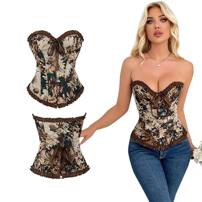 Brown Ruffled Lace-Up Boned Corset Retro Renaissance Victorian Style