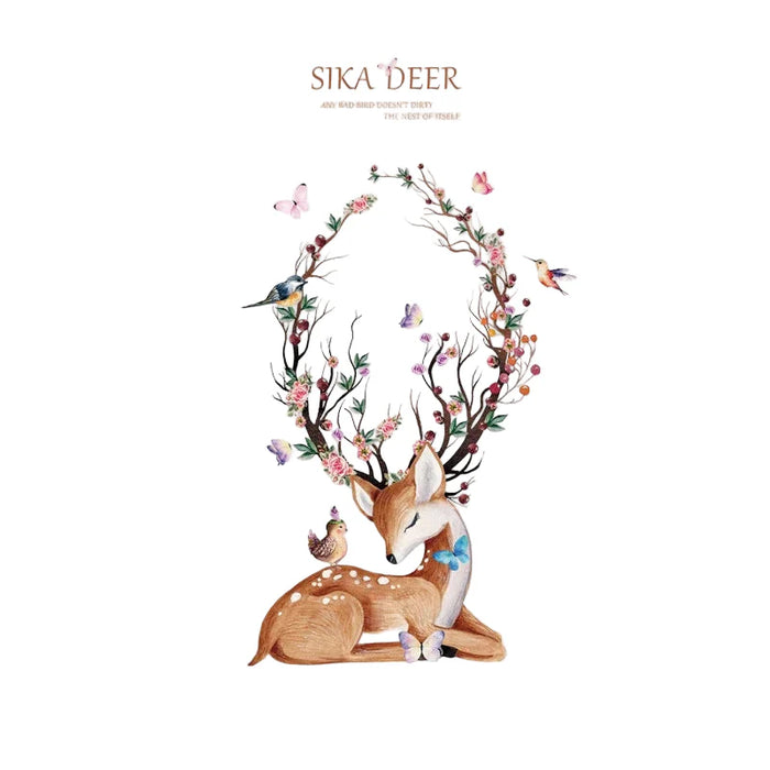 Watercolour Sika Deer Flower Birds Wall Stickers 54X99Cm Living Room & Kids Bedroom Decor