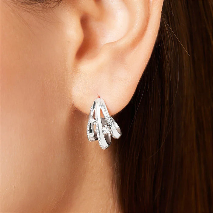 925 Sterling Silver Hinged Hoop Earrings With White Stones For Women