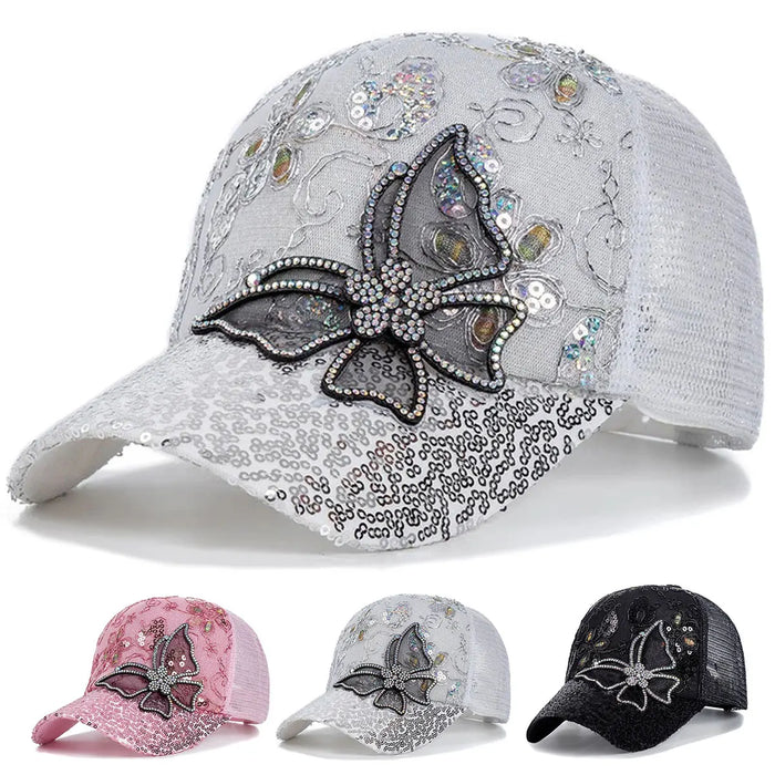 Glitter Butterfly Lace Baseball Cap Adjustable Sun Hat For Spring / Summer