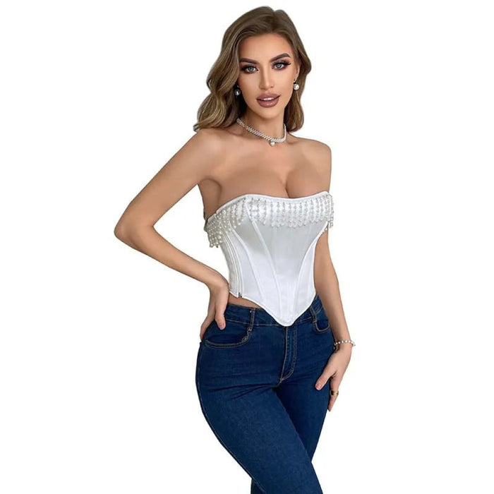White Lace-Up Fishbone Corset For Women Strapless Wedding Bustier With Tassel Detail
