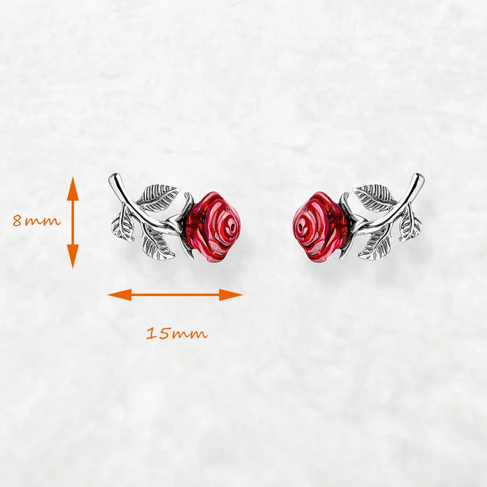 925 Sterling Silver Real Red Rose Stud Earrings For Women