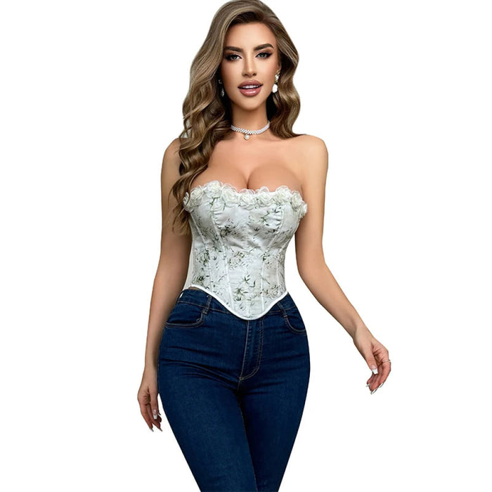 Floral Lace Trim Boned Corset Y2K Zipper Adjustable Flower Applique Full Breast Lifter Zip Up Cropped Top For Women