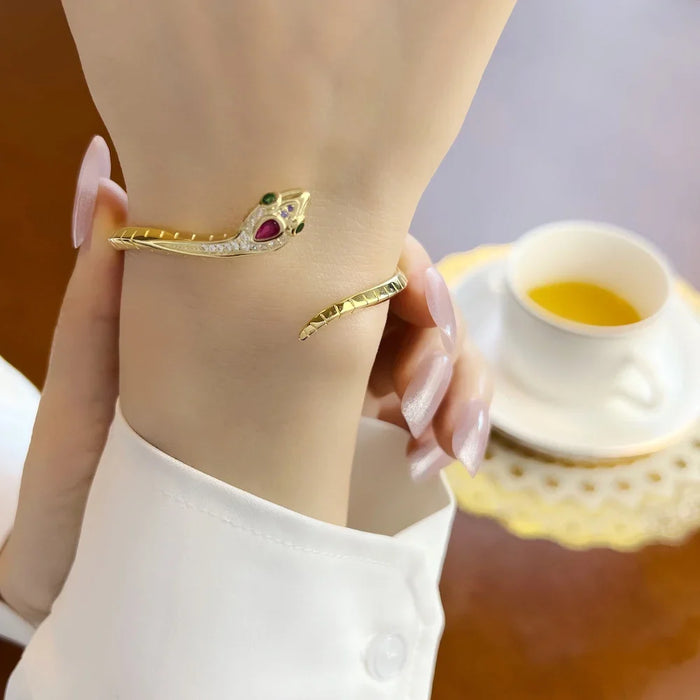 925 Sterling Silver Bohemian Golden Snake Bangle Fine Bracelet For Women