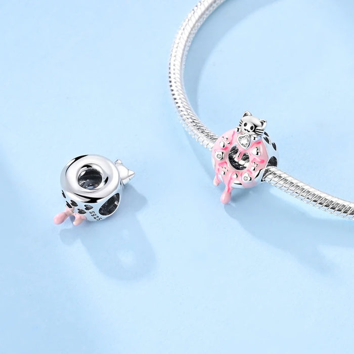 925 Sterling Silver Doughnut & Cat Bead Charms Fits Bracelet Diy Gift For Women
