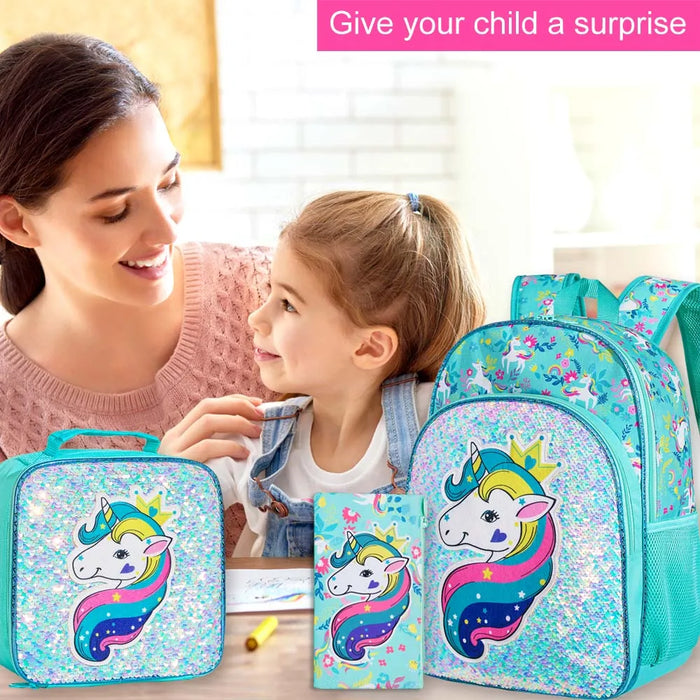3 Piece Unicorn Backpack Set For Girls 16 Inch Bookbag With Lunch Box Elementary School