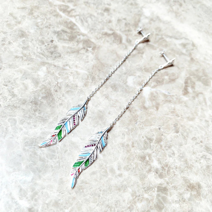 925 Sterling Silver Colourful Feather Drop Earrings For Women Autumn Jewelry