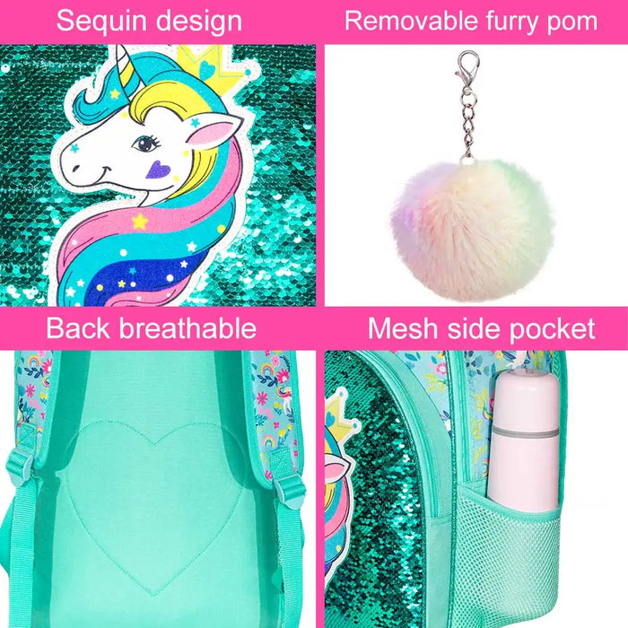 3 Piece Unicorn Backpack Set For Girls 16 Inch Bookbag With Lunch Box Elementary School