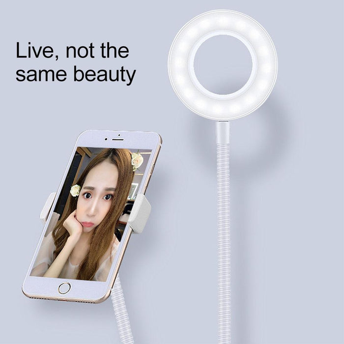 Universal Cell Phone Holder Bracket Selfie Ring Light With Microphone Clip & 3-Colour Light Adjustment For Studio Recording Live Broadcast Live Show Ktv Etc. White
