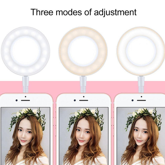Universal Cell Phone Holder Bracket Selfie Ring Light With Microphone Clip & 3-Colour Light Adjustment For Studio Recording Live Broadcast Live Show Ktv Etc. White