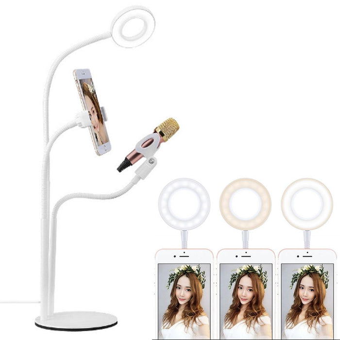 Universal Cell Phone Holder Bracket Selfie Ring Light With Microphone Clip & 3-Colour Light Adjustment For Studio Recording Live Broadcast Live Show Ktv Etc. White