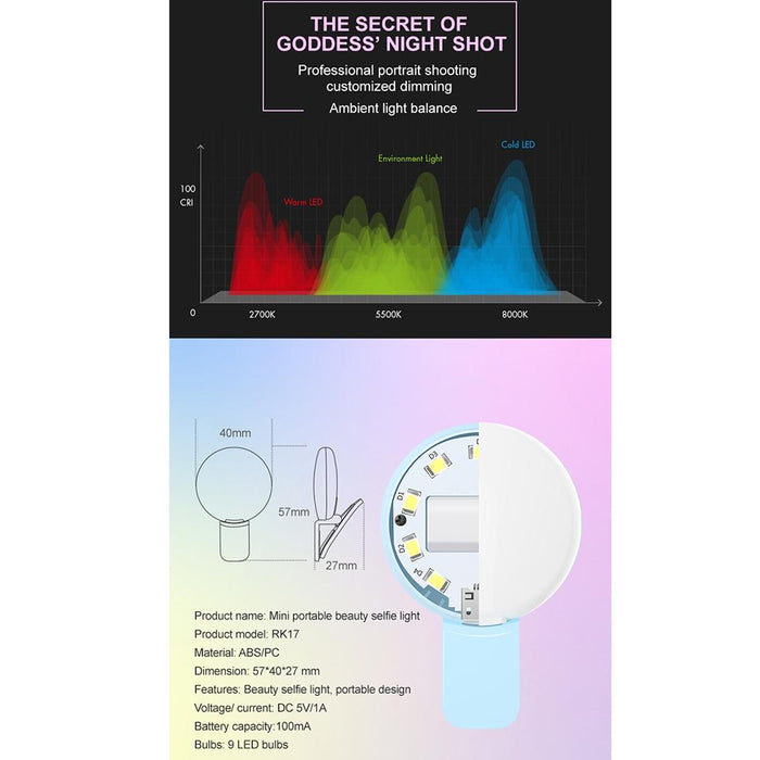 Rk17 Mini And Portable Live Show Beauty Artifact 3 Levels Of Brightness Warm And White Light Fill Light With 9 Led Light For Iphone Galaxy Huawei Xiaomi Lg Htc And Other Smart Phones
