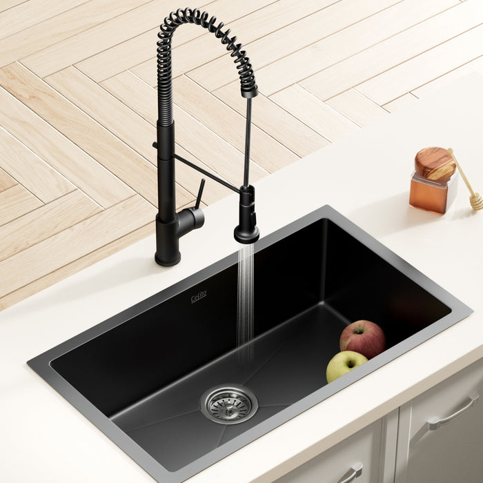 Stainless Steel Sink 70X45Cm With Pull Out Mixer Tap Kitchen Basin Single Bowl Black