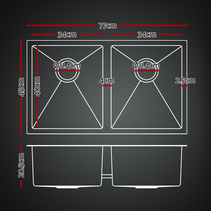 Stainless Steel Sink 77X45Cm With Pull Out Mixer Tap Kitchen Double Bowl Black