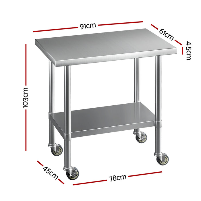 Stainless Steel Kitchen Benches Work Bench Wheels 91X61cm 430