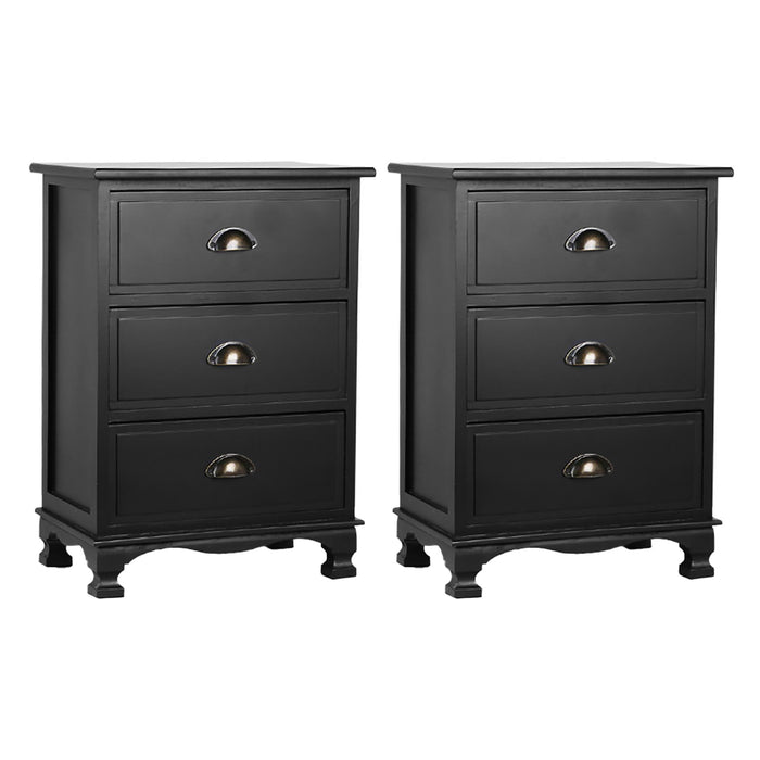 2X Bedside Table 3 Drawers Vintage Thyme Black