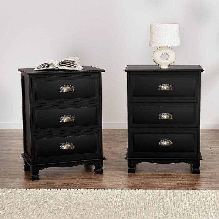 2X Bedside Table 3 Drawers Vintage Thyme Black