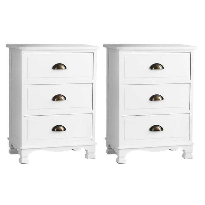 2X Bedside Table 3 Drawers Vintage Thyme White