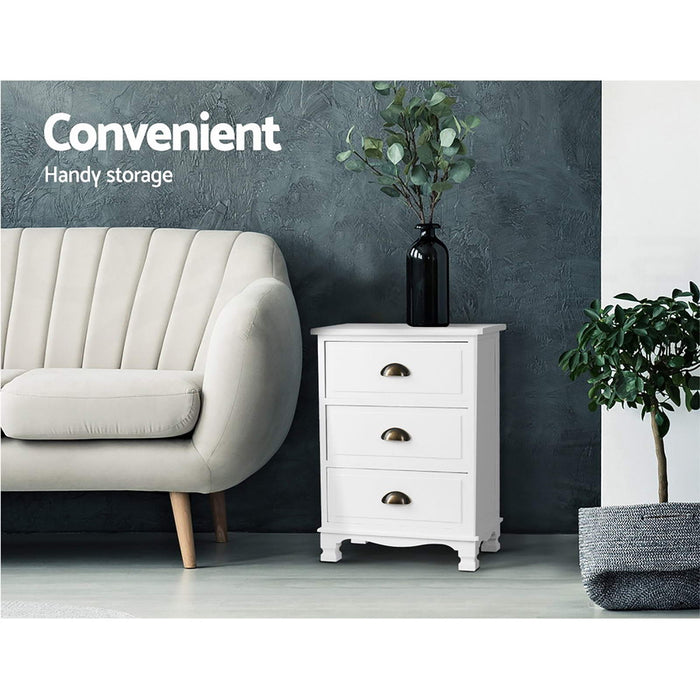 2X Bedside Table 3 Drawers Vintage Thyme White