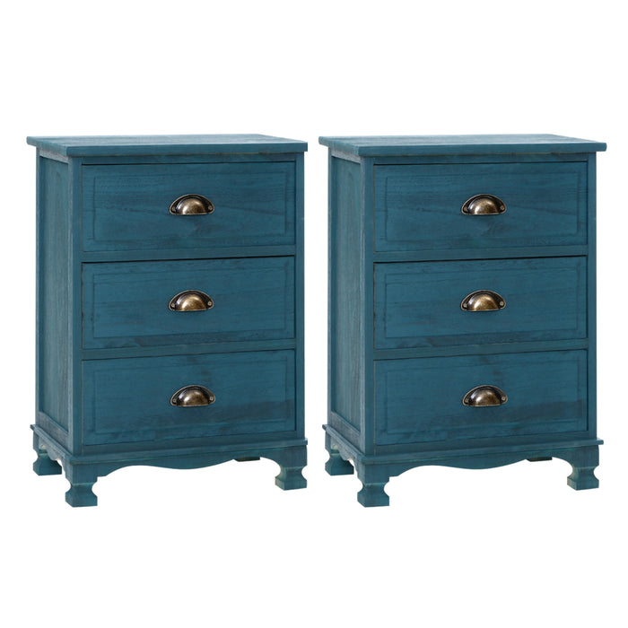 2X Bedside Table 3 Drawers Vintage Thyme Blue