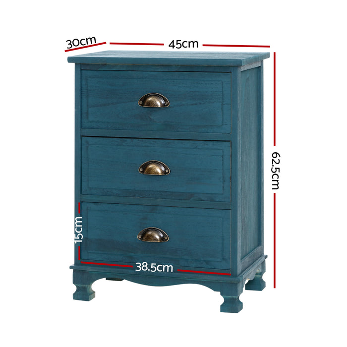 2X Bedside Table 3 Drawers Vintage Thyme Blue