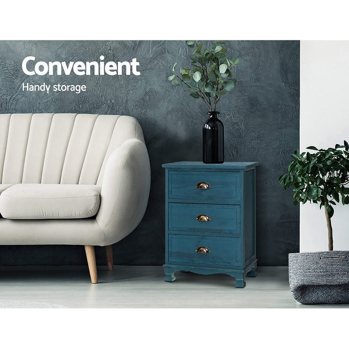 2X Bedside Table 3 Drawers Vintage Thyme Blue