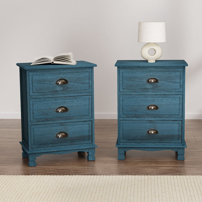 2X Bedside Table 3 Drawers Vintage Thyme Blue