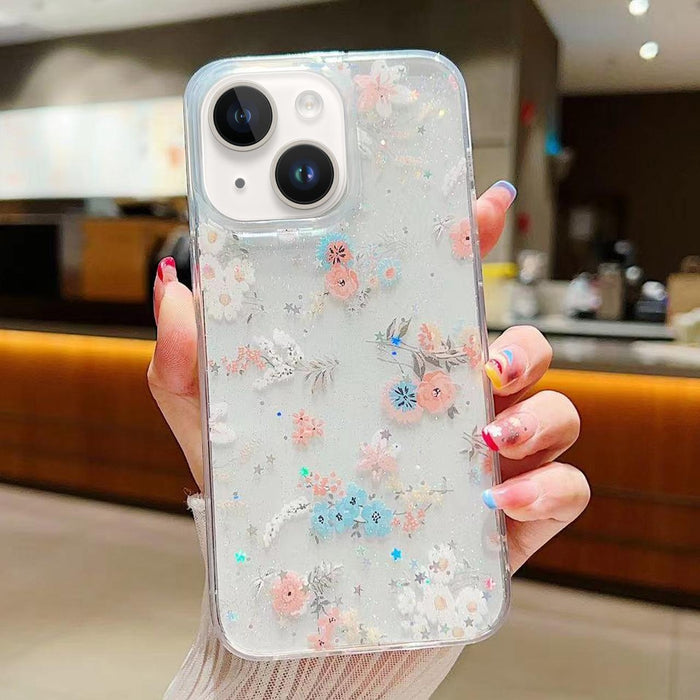 For Iphone 15 Fresh Small Floral Phone Case Drop Glue Protective Cover