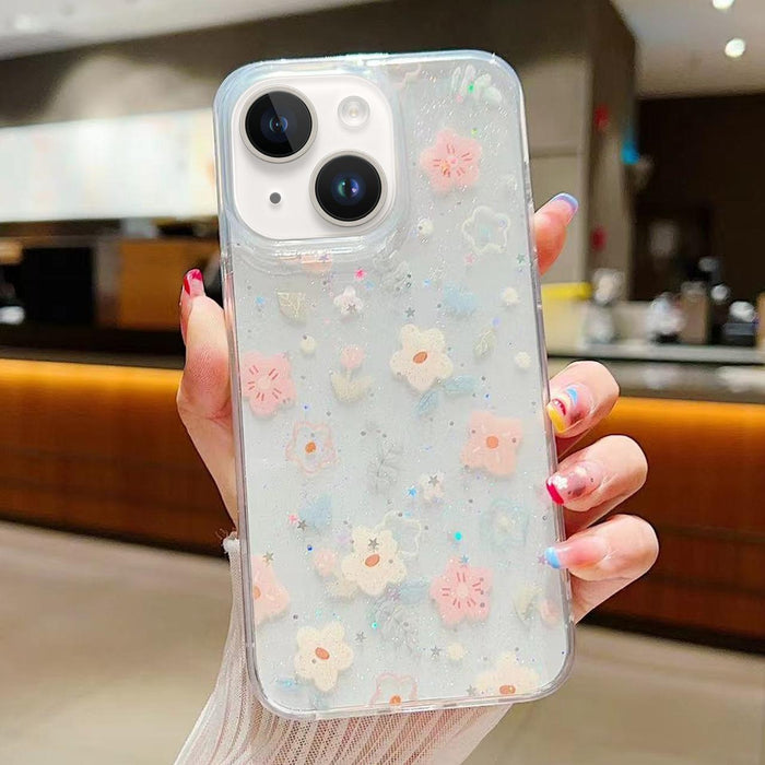 For Iphone 15 Fresh Small Floral Phone Case Drop Glue Protective Cover