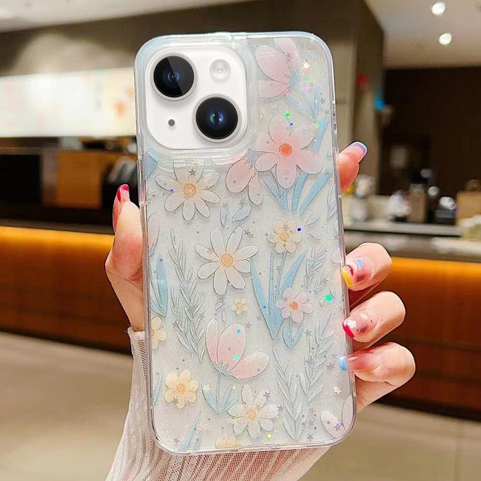 For Iphone 15 Fresh Small Floral Phone Case Drop Glue Protective Cover