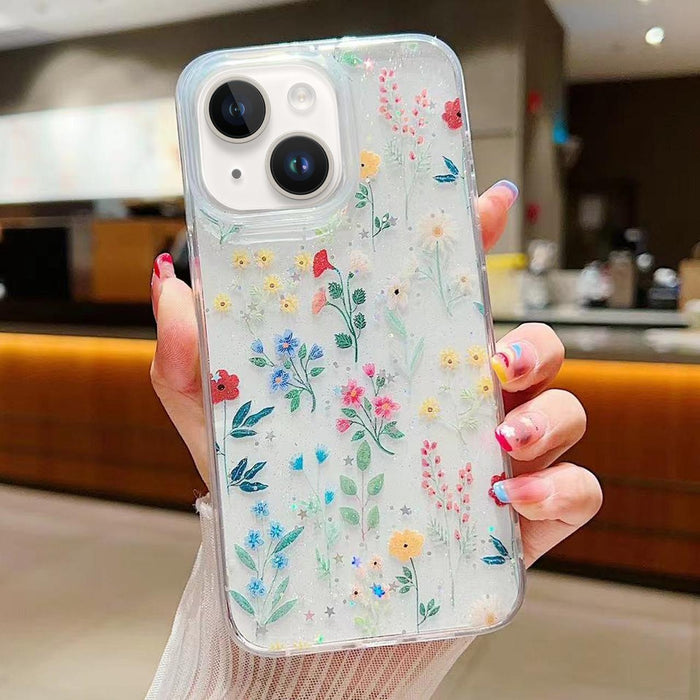 For Iphone 15 Fresh Small Floral Phone Case Drop Glue Protective Cover