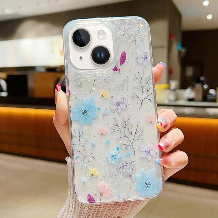 For Iphone 15 Fresh Small Floral Phone Case Drop Glue Protective Cover