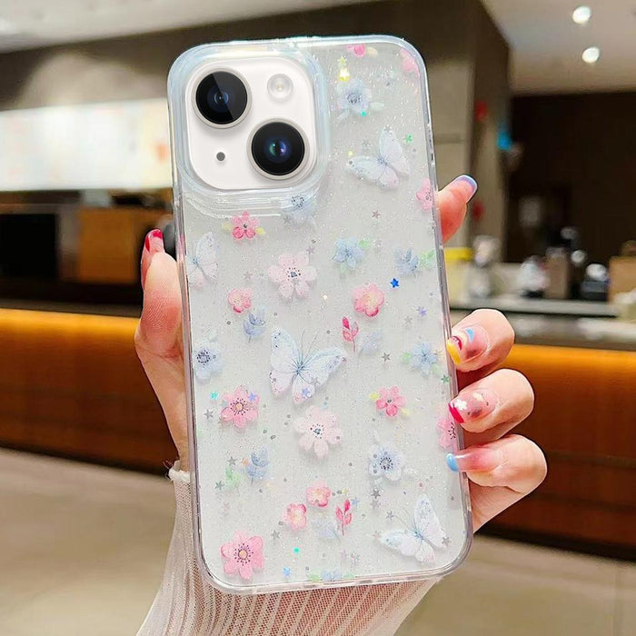 For Iphone 15 Fresh Small Floral Phone Case Drop Glue Protective Cover