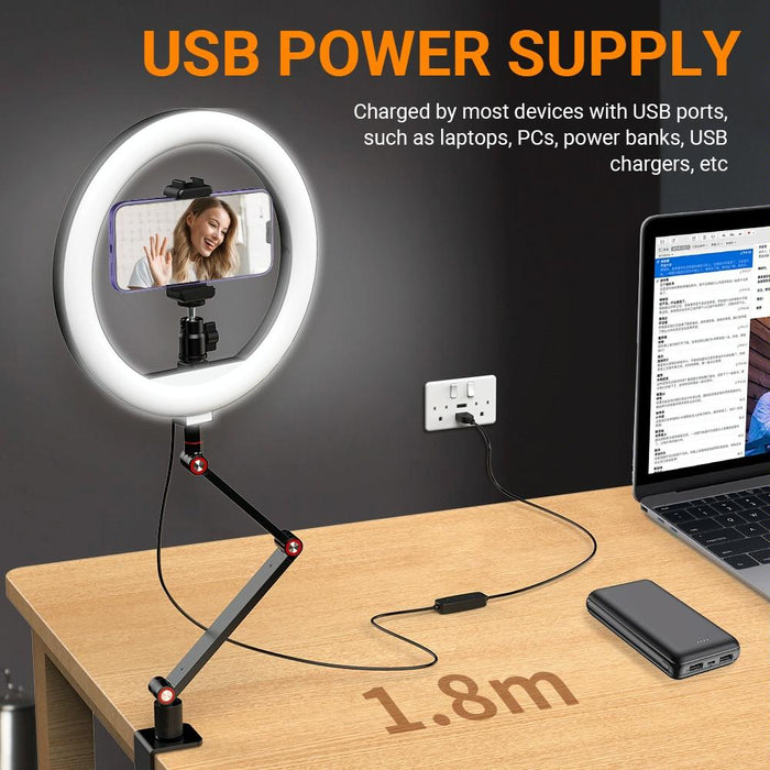 10 Inch Led Ring Light Foldable Metal Swing Arm Desk Lamp With Stand & Phone Holder