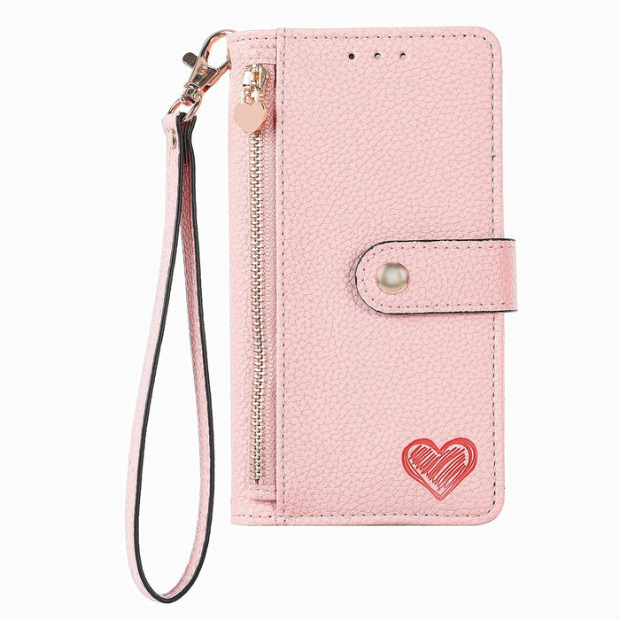 For Iphone 15 Love Zipper Lanyard Leather Phone Case