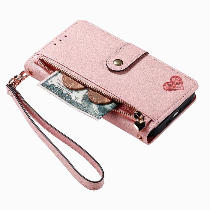 For Iphone 15 Love Zipper Lanyard Leather Phone Case