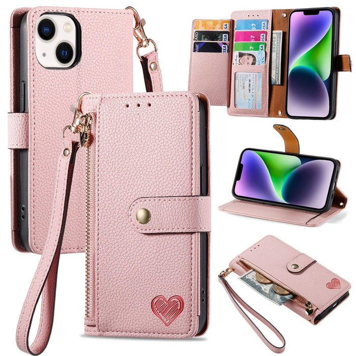 For Iphone 15 Love Zipper Lanyard Leather Phone Case
