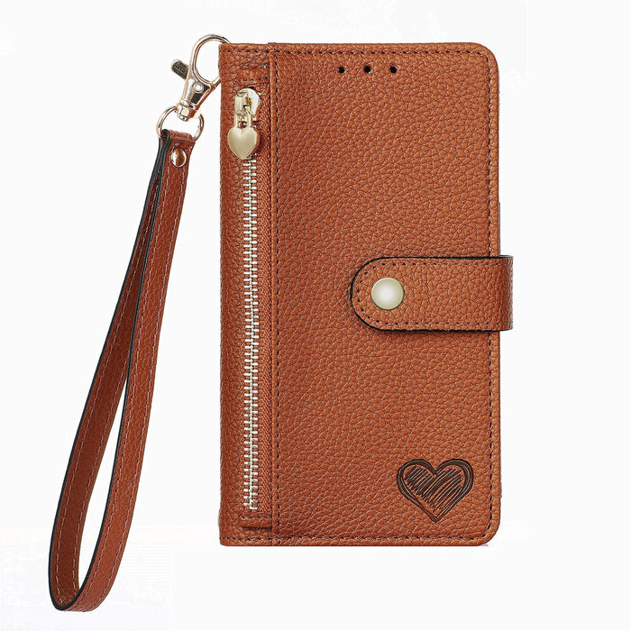 For Iphone 15 Love Zipper Lanyard Leather Phone Case