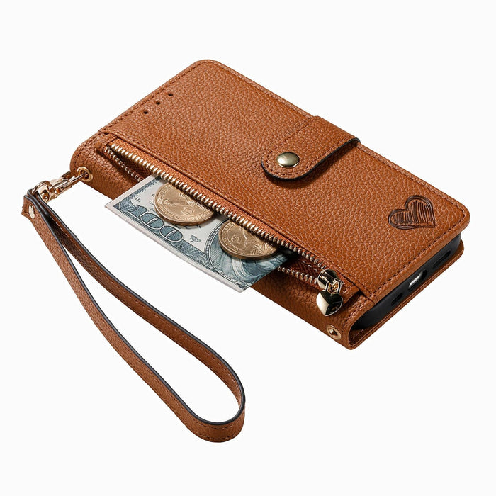 For Iphone 15 Love Zipper Lanyard Leather Phone Case
