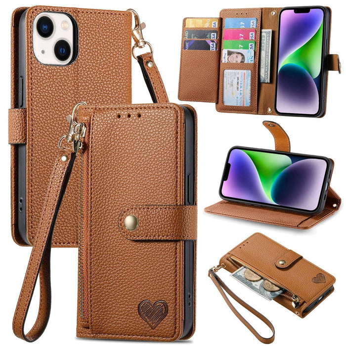 For Iphone 15 Love Zipper Lanyard Leather Phone Case