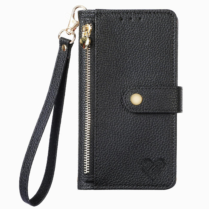 For Iphone 15 Love Zipper Lanyard Leather Phone Case