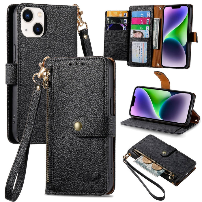 For Iphone 15 Love Zipper Lanyard Leather Phone Case