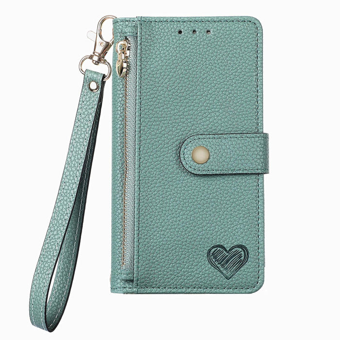 For Iphone 15 Love Zipper Lanyard Leather Phone Case