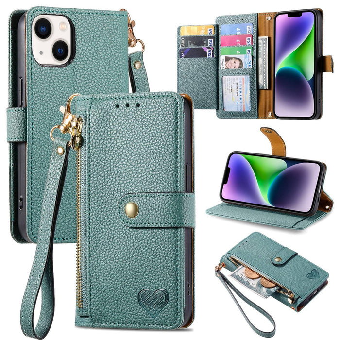 For Iphone 15 Love Zipper Lanyard Leather Phone Case