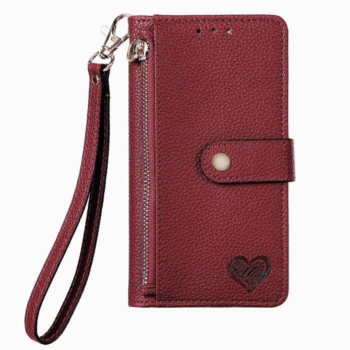 For Iphone 15 Love Zipper Lanyard Leather Phone Case