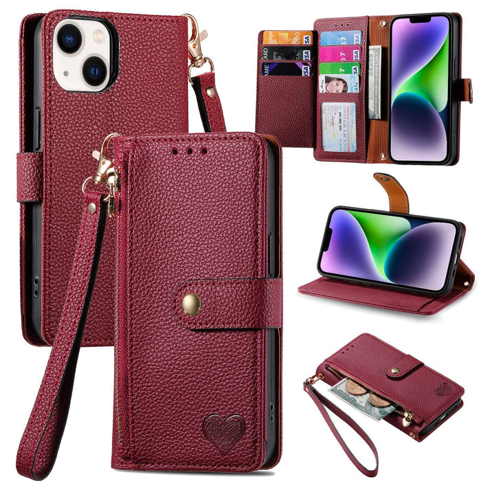 For Iphone 15 Love Zipper Lanyard Leather Phone Case