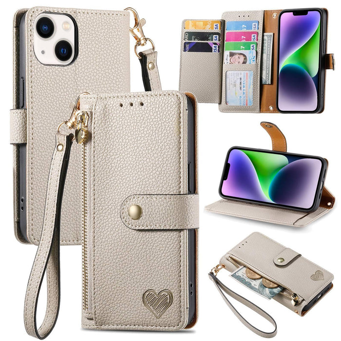 For Iphone 15 Love Zipper Lanyard Leather Phone Case