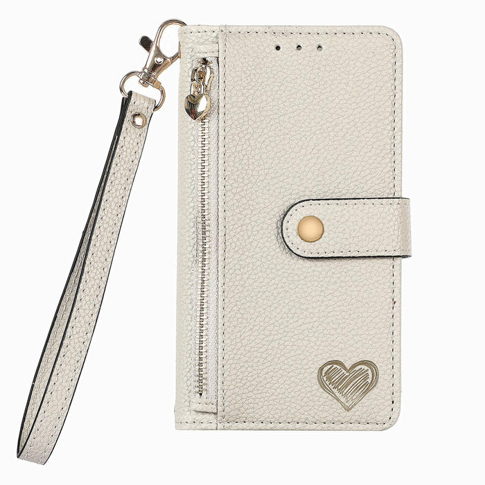 For Iphone 15 Love Zipper Lanyard Leather Phone Case